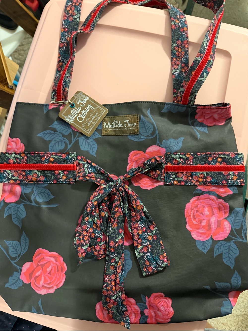 Matilda Jane Charcoal Tote with Pink Rose Print and Floral Bow